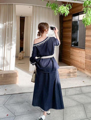 Chic Denim Outfit Top And Skirt Set