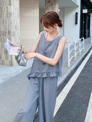 Chic Grey Sleeveless Top And Wide Leg Pants Set