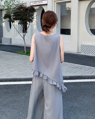 Chic Grey Sleeveless Top And Wide Leg Pants Set
