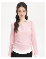 Pink Fake Two-Piece Long Sleeve Shirt With Casual Drawstring