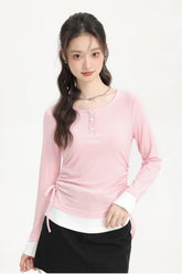 Pink Fake Two-Piece Long Sleeve Shirt With Casual Drawstring