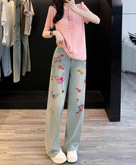 Blue Flowers And Butterfly Embroidered Jeans