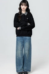 Classic Black Polo Sweatshirt Cozy Fleece Collar Top