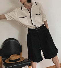 Classic Knit Polo Cardigan Short Sleeve Sweater