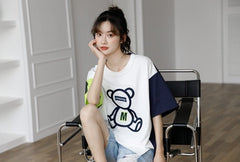 Color Block Bear Graphic Loose T-Shirt