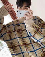 Color Block Plaid Knit Sweater Casual Loose Pullover