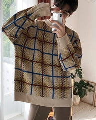 Color Block Plaid Knit Sweater Casual Loose Pullover