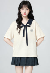 Colorblock Bow Tie Collar Short Sleeve Polo Top