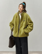 Colorblock Fleece Stand Collar Jacket Plush Lining