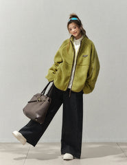 Colorblock Fleece Stand Collar Jacket Plush Lining