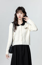 Colorblock Knit Cardigan With Unique Collar