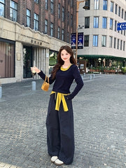 Colorblock Shawl Top Wide Leg Pants Set