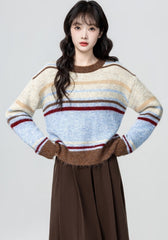 Colorblock Striped Crewneck Retro Pullover Sweater