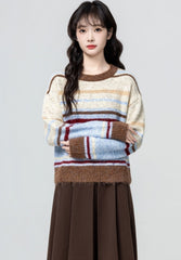 Colorblock Striped Crewneck Retro Pullover Sweater