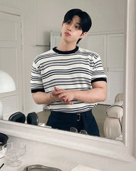 Colorblock Striped Knit Short Sleeve Casual Top