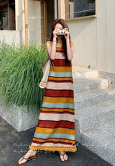 Colorblock Striped Tassel Vacation Maxi Dress