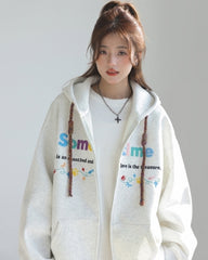 Colorful Letter Embroidered Casual Zip Up Hoodie