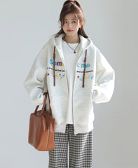 Colorful Letter Embroidered Casual Zip Up Hoodie