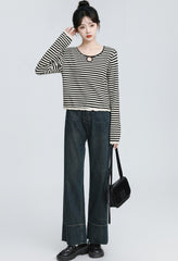 Contrast Stripe Crewneck Long Sleeve Lace Trim Top