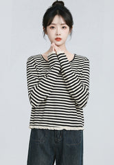 Contrast Stripe Crewneck Long Sleeve Lace Trim Top