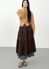 Corduroy Plaid Layered Midi Skirt For Autumn