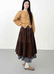 Corduroy Plaid Layered Midi Skirt For Autumn