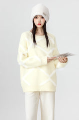 Cozy Beige Knit Sweater With Argyle Design