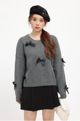 Grey Cozy Ribbon Detailed Knit Sweater