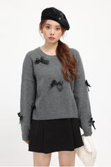 Grey Cozy Ribbon Detailed Knit Sweater