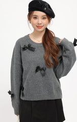 Grey Cozy Ribbon Detailed Knit Sweater