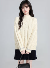 Cream Half Turtleneck Cable Knit Sweater Top