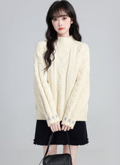 Cream Half Turtleneck Cable Knit Sweater Top