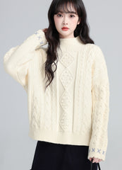 Cream Half Turtleneck Cable Knit Sweater Top