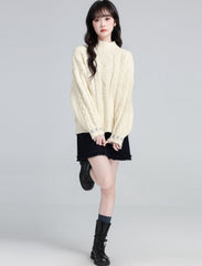 Cream Half Turtleneck Cable Knit Sweater Top
