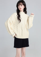 Cream Half Turtleneck Cable Knit Sweater Top