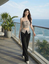 Cream and Black Elegant Pants and Tube Top Set