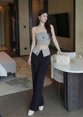 Cream and Black Elegant Pants and Tube Top Set