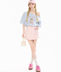 Cute Cat Off Shoulder Crop Tee