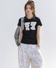 Cute Fluffy Puppy Embroidered Slim Fit T Shirt