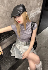 Metallic Grey Faux Leather Belted Skirt