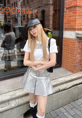 Metallic Grey Faux Leather Belted Skirt