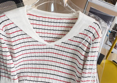 White Collared Stripes Short Sleeve Sweater