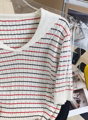 White Collared Stripes Short Sleeve Sweater