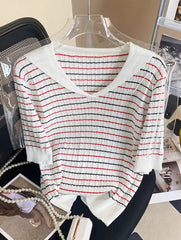 White Collared Stripes Short Sleeve Sweater