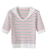 White Collared Stripes Short Sleeve Sweater