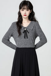 Dark Gray Bow Knit Collared Slim Sweater