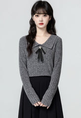 Dark Gray Bow Knit Collared Slim Sweater
