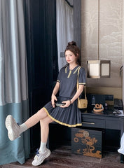 Dark Gray Pleated Skirt Short Sleeve Casual Set