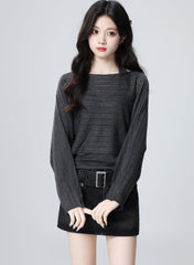 Dark Gray Striped Knit Vest And Cardigan Set