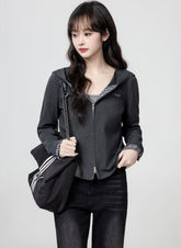 Dark Grey Hooded Plaid Patchwork Zip Up Cropped Top
